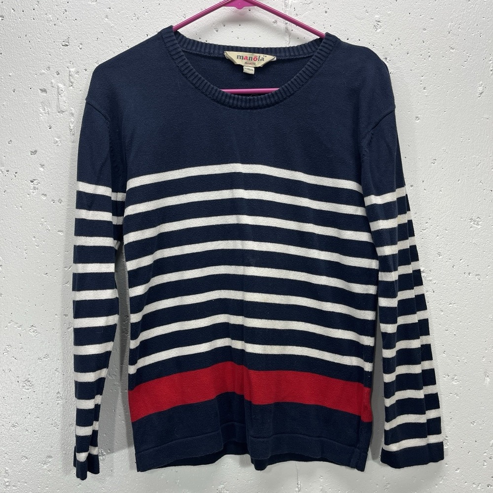 VTG Manolo Womens Medium Sweater Striped Navy White Red Nautical 100% Cotton